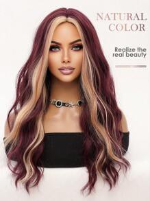 Peluca encantadora de un tono rojo frambuesa con cabello ondulado amarillo brillante, suave y natural. Color de piel blanqueador. Fibra sintética térmica adecuada para uso diario, fiestas, festivales de música Y2K, Día de San Valentín. Longitud: 26 pulgadas - Rosa Fucsia - Ver 4