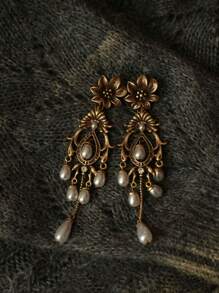 French Retro Silver Needle Flower Pearl Style Water Droplet Tassel Earrings, Medieval Vintage Court Style Earrings, Light Luxury Elegant Earrings, Ladies' Daily Party Accessories, Fashionable Jewelry, Best Friend Gifts - 金色 - 查看 7
