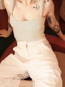 Womens Square Neck Tank Tops Fashion Sleeveless Solid Color Knit Tops Slim Fit Shirts - Khaki - View 3