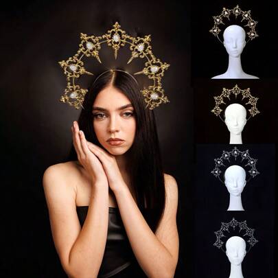 1ชิ้น กรอบศีรษะฮาโลโลลิต้าผสมโลหะสีทอง, อุปกรณ์ตกแต่งผมรูปมงกุฎสไตล์โกธิคประดับเพชรพลอยอลังการ เหมาะสำหรับงานแต่งงาน งานปาร์ตี้ การถ่ายภาพ คอสเพลย์ กลับโรงเรียน