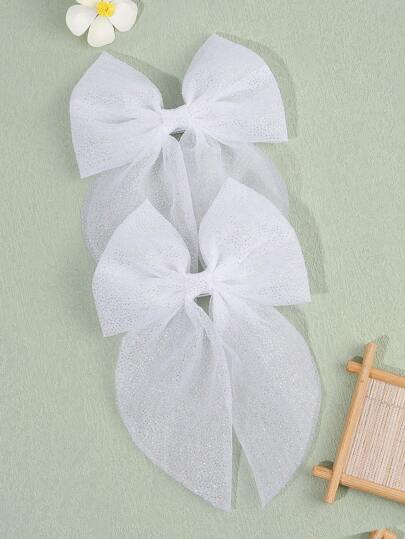 2 件白色米色薄纱蝴蝶结发饰，适合女婴，大号蝴蝶结鳄鱼夹，素色优雅网眼发夹，幼儿女孩蝴蝶结夹，婚礼发夹，儿童婴儿发饰