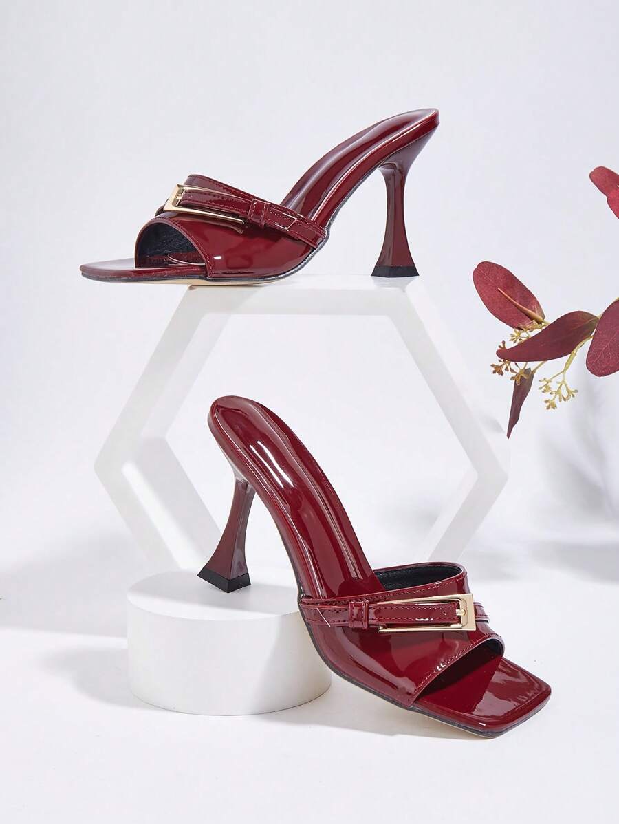 Wine Red Metallic Buckle Detail Thin Heel Stilettos High Heeled Sandals For Women