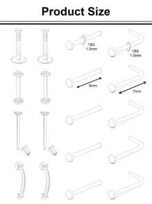 Pinos de nariz transparentes Anéis de nariz transparentes para o trabalho Plásticos transparentes para piercings de nariz Retentor de nariz para cirurgia Espaçadores de anéis de nariz Anéis de nariz Retentor de septo Anéis de lábio transparentes Brincos de plástico Pinos Septo Cartilagem labial Língua Rook Daith Ear Mamilo industrial Barriga Joias de piercing transparente