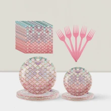 96-Piece Mermaid Party Tableware Set Disposable Pink Plates, Napkins & Forks For Ocean-Themed Birthday & Princess Party (Serves 24 Guests) - Multicolor - View 1