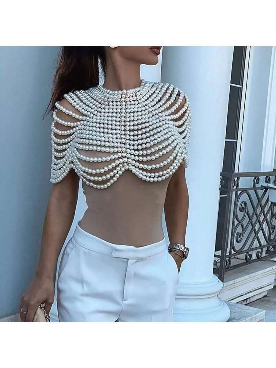 1 pièce Élégante chaîne de corps en faux perles - Accessoire de luxe en résine, convient pour le mariage et les tenues de fête, toutes saisons