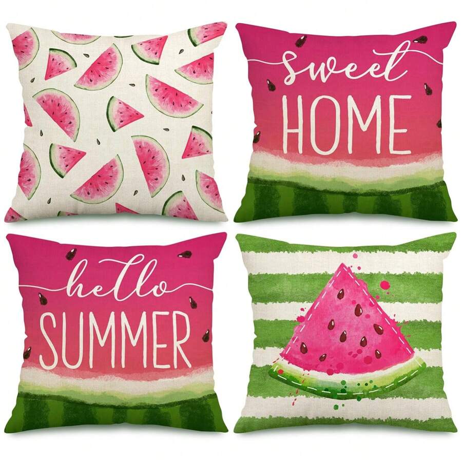 4件装夏季枕套水彩西瓜枕套水果甜蜜居家靠垫套家居室内户外沙发办公室装饰单面无枕芯 - 紅綠色 - 查看 1