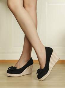 Giày lười đế xuồng dệt rơm thắt nơ màu trơn thời trang mới xuân hè 2025 cho nữ - màu đen - Xem 1