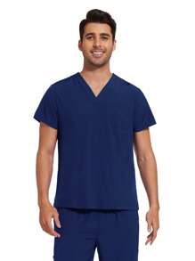 男士医疗制服套装，牙医/护士制服，V领短袖上衣，医用运动裤，护理工作服，医生工作服 - 藏蓝色 - 查看 5