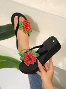女士花卉装饰人字凉鞋，中跟厚底，舒适设计，适合度假和海滩 - 黑色 - 查看 1