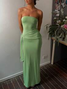 Women Y2k Strapless Tube Dress Bodycon Maxi Dress Solid Color/Floral Print Tie Up Waist Sexy Long Dress For Cocktail Dress Beach Party Summer Vacation Dresses Streetwear - 綠色 - 查看 3