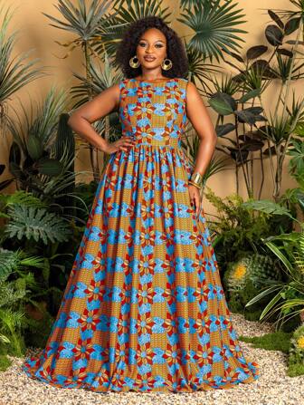 Faeriesty Vestido largo floral con cuello alto, sin mangas, de estilo casual para vacaciones y ocasiones especiales. Vestido estampado floral casual de verano para primavera.