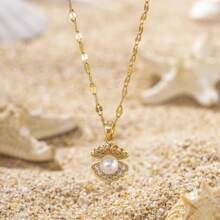 1pc Exquisite Shimmering Style Copper Inlaid Zirconia 18K Gold Plated Faux Pearl Shell Pendant Necklace, Suitable For Women Beach Holiday, Jewelry Accessories Gift For Friends