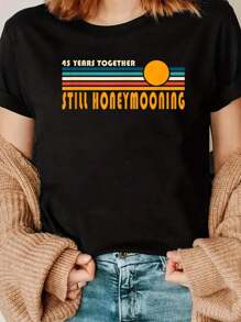45th Wedding Anniversary 45 Years Together Honeymooning T-Shirt Print Crew Neck T-Shirt For Summer, Women's Soft Short Sleeve Top, Stylish Comfy Tee For Women Graphic Tees