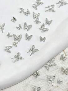 50 件美甲合金蝴蝶装饰，银色镂空混合各种图案，美甲配件美甲用品 - 銀色 - 查看 6