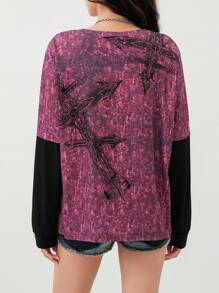 Women Y2k Fairy Grunge Shirt Top Goth Cross Print Long Sleeve Crewneck Fake Two Piece T Shirts Tops E-Girl Oversized Emo Tees Blouse Vinatge Aesthetic Clothes Streetwear - 紫色 - 查看 8