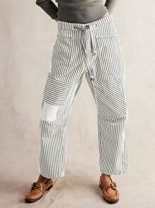 Women Striped Pants Elastic Waist Drawstring Patchwork Wide Leg Pants Loose Trousers With Pockets - 灰色 - 查看 2