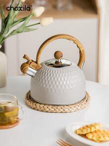 choxila 1pc 2L Stainless Steel Whistling Kettle - Creamy White With Wood Grain Handle, Perfect For Coffee & Tea, Compatible With Electric & Gas Stoves, For Outdoor, Camping