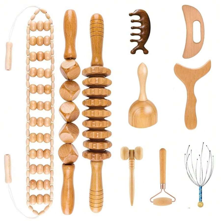10 Pieces Wood Massage Tools Wooden Kit Therapy Tools Massage Roller Lymphatic Drainage Health Care For Neck Leg Back Arm Body Muscle Pain Relief - Màu vàng - Xem 1