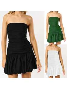 Women's Mini Ruched Dress Off Shoulder Sleeveless Strapless Fitted Tube Top Dress - Green - View 2