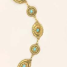 Bohemian Style Vintage Metal Chain Belt With Turquoise & Carved Flower Design, Acrylic Waist Chain, Sexy Fabric Waist Chain, Suitable For All Seasons - Gold - View 2