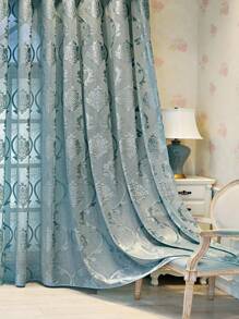1pc Elegant Knight Blue Sheer Curtain, Classic Damask Jacquard Pattern, Rod Pocket Top, Easy To Hang, Premium Fabric, Moderate Thickness, Excellent Appearance And Feel, Suitable For Classical Home Decor In Bedroom, Living Room, Office