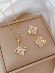 1 Set Stainless Steel Necklace & Earring Jewelry Set, Luxury Rhinestone Classic Versatile Personalized Party Earrings & Necklace Gift, No Gift Box