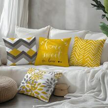 4 件套简约日常黄色几何“甜蜜之家”枕套，单面柔软桃色天鹅绒面料，45*45 厘米/50*50 厘米/40*40 厘米靠垫套适用于室内装饰、派对、礼物 - 彩色 - 查看 5