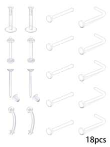 Pinos de nariz transparentes Anéis de nariz transparentes para o trabalho Plásticos transparentes para piercings de nariz Retentor de nariz para cirurgia Espaçadores de anéis de nariz Anéis de nariz Retentor de septo Anéis de lábio transparentes Brincos de plástico Pinos Septo Cartilagem labial Língua Rook Daith Ear Mamilo industrial Barriga Joias de piercing transparente