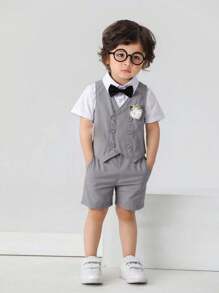 BOARNSEORL 3 件套年轻男孩绅士服装套装 - 白衬衫、蝴蝶结和背心配吊带短裤，时尚正式服装，适合生日派对、户外婚礼、宴会 - 灰色 - 查看 3