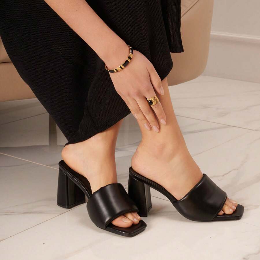 Block Heel Mules With Wide Plain Strap And Square Toe - Black - View 1