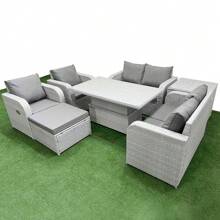 Fimous 7 Seater Outdoor Reclining Chair Love Sofa Set Rattan Garden Furniture Set With Adjustable Lifting Dining Or Coffee Table Footstool Side Table Light Grey - Light Grey - View 2