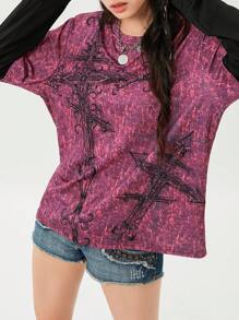 Women Y2k Fairy Grunge Shirt Top Goth Cross Print Long Sleeve Crewneck Fake Two Piece T Shirts Tops E-Girl Oversized Emo Tees Blouse Vinatge Aesthetic Clothes Streetwear - 紫色 - 查看 6