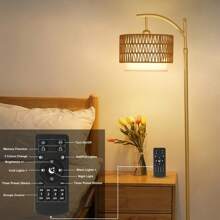 Floor Lamps For Living Room, Arc Standing Lamp With Remote & Dimmable Bulb, Boho Rattan Floor Lamp For Bedroom With 3 Color Temperatures, Farmhouse Tall Lamp, Height Adjustable Stand Up Lamp - 美規A型插(110-127V) - 查看 7