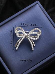 1pc Fashion Elegant Sparkling Double Bow Brooch, Pearl & Rhinestone Geometric Clothing Accessory