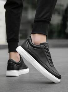 Men's Solid Color Basic Low-Top Casual Sneakers, Teenagers' Daily Commute Versatile PU Shoes, Suitable For Outdoor Sports, Casual Wear, All Seasons, Gender Neutral Plus Size Couple Shoes - Black - View 9