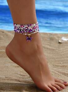 2pcs Bohemian Metal Butterfly Pendant Beaded Anklets, Layered Wrap Elastic Anklet Suitable For Women Beach Vacation (Bead Color And Quantity Random) - Multicolor - View 1