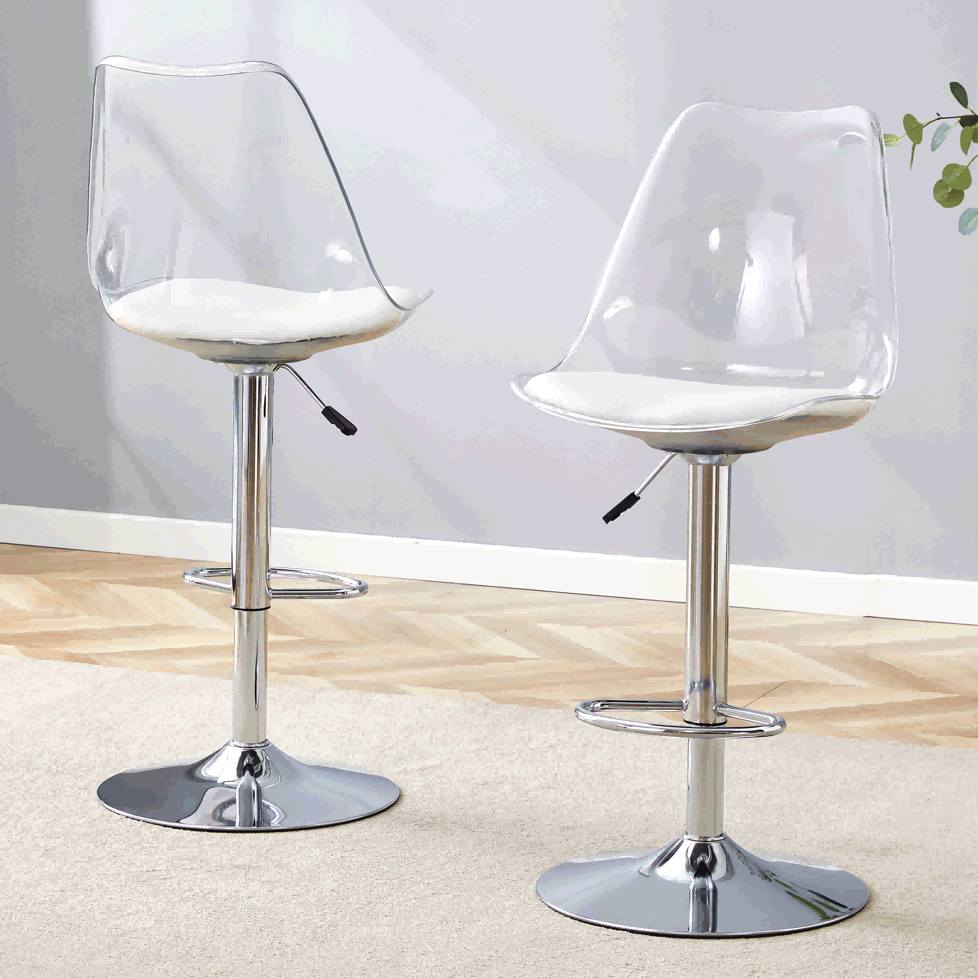 MUUOKY Modern Minimalist Acrylic Bar Stools With Mid Back, Set Of 2, Can Rotate 360 ° And Adjust Lifting, PET Backrest And White PU Seats, Transparent Adjustable Swivel Airlift Barstools, Counter Height Bar Chairs For Kitchen Dining Pub Cafe, And Front Desk Cashiers - Bạc - Xem 1
