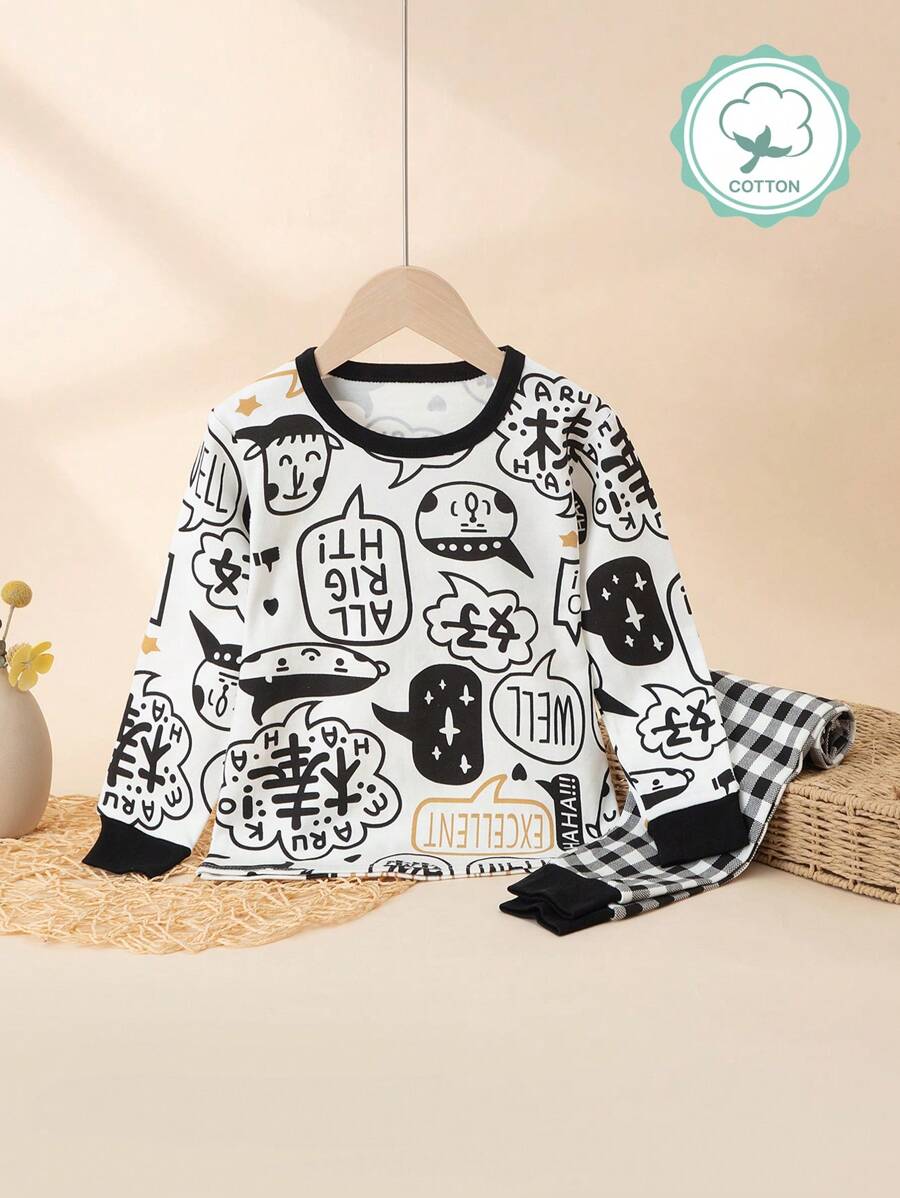 Conjunto de pijama con estampado de dibujos animados para niño pequeño, ropa de dormir, primavera/otoño - Blanco y Negro - Ver 1