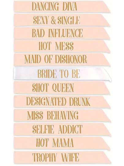 Conjunto de 12 faixas para noivas, 11 peças com 1 faixa branca e texto dourado para despedida de solteira, casamento e saída à noite para mulheres