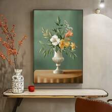 1 pieza Impresión artística en lienzo floral moderna - Diseño de jarr clásico europeo con fondo verde y beige, flores blancas y amarillas, perfecto para la sala de estar, el dormitorio, la cocina, el estudio y talla grande - Decoración de pared sin marco, regalo ideal, decoración floral