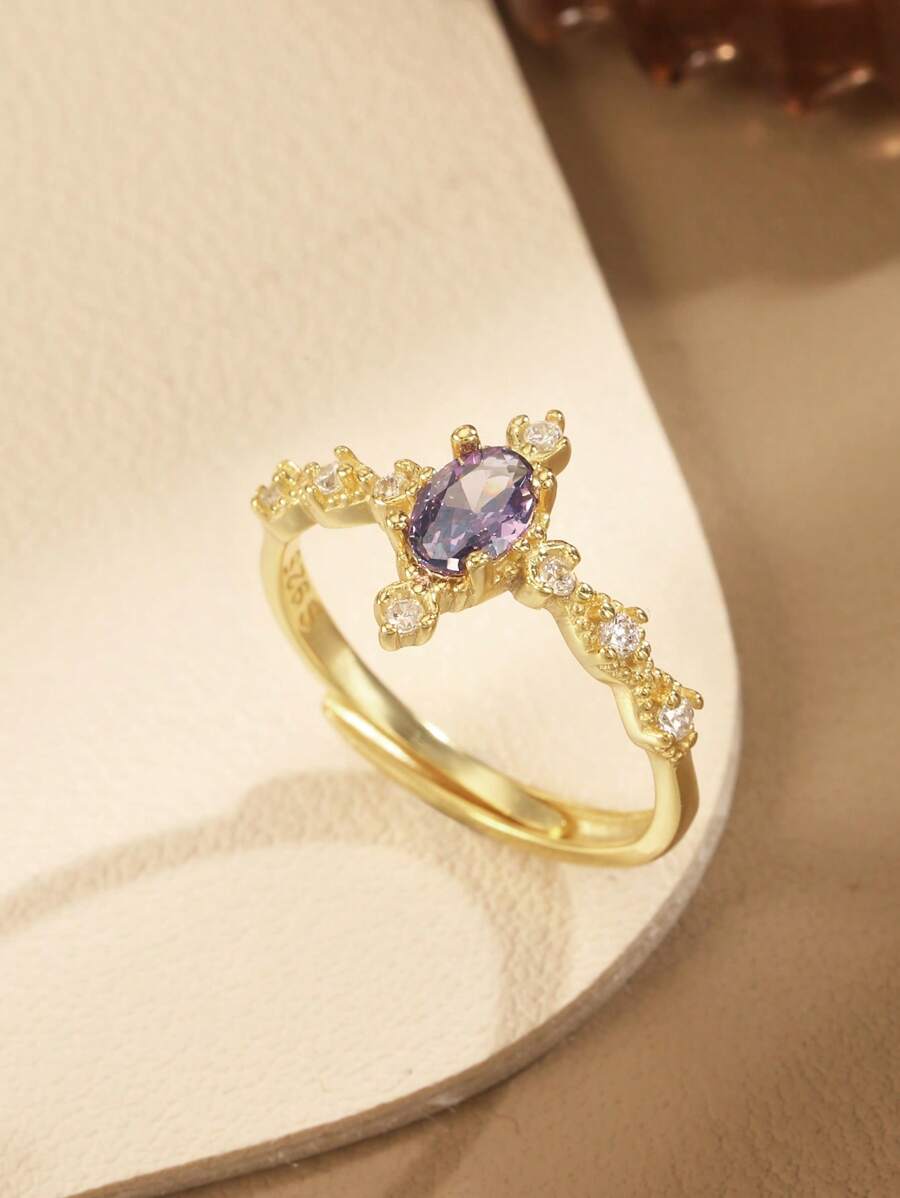 1 件 S925 纯银戒指，公主风格紫水晶设计，可调节，优雅百搭，送给女朋友、朋友的奢华礼物 - 金色 - 查看 1