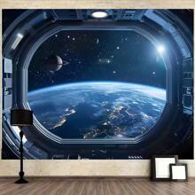 Polyester-Hintergrund mit Weltraumthema - Design mit Raumschiff und Erde, geeignet für Geburtstag, Jahrestag und Feier, für Innen- und Außenbereich