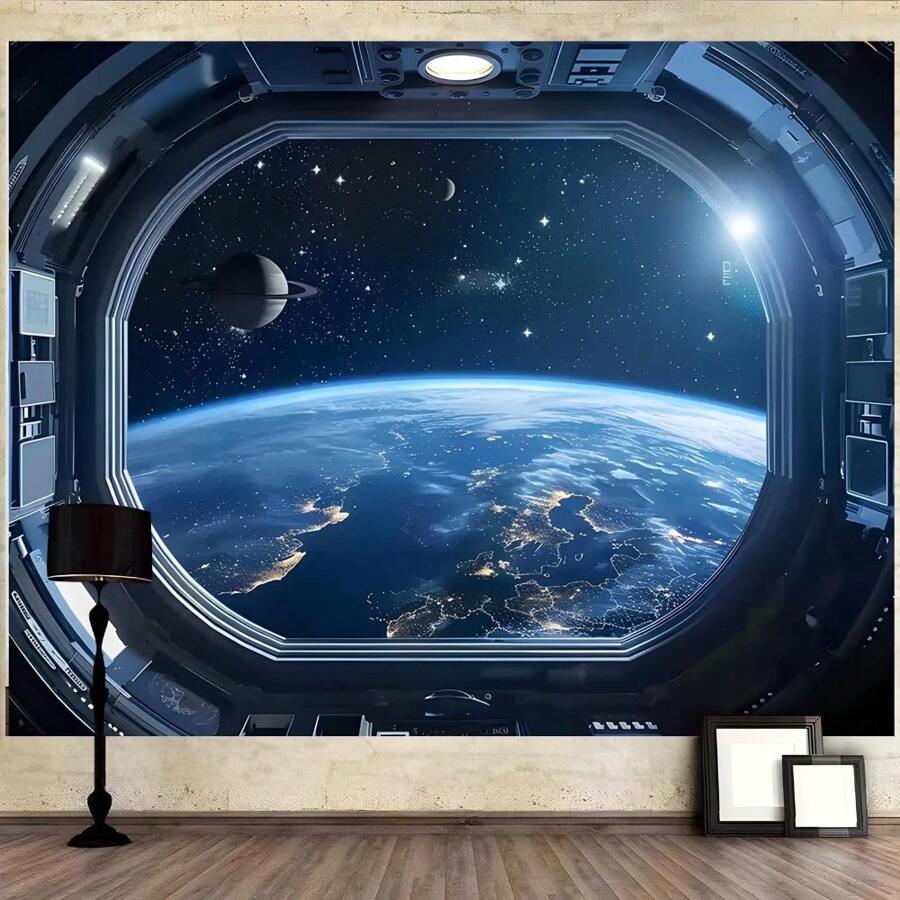 Polyester-Hintergrund mit Weltraumthema - Design mit Raumschiff und Erde, geeignet für Geburtstag, Jahrestag und Feier, für Innen- und Außenbereich