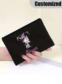 1pc Customized Cosmetic Bag Personal Tailor Lady Makeup Bags Wallet Name Initials A To Z Custom Name Pattern Toiletry Organizer Pouch Personalized Wedding Party Wash Bag Zipper Phone Purse Pencil Pouch Make Up Bags Valentine's Day Gifts Clutch Bag Bridesmaid Make Up Pouch Toiletries Organizer Bag Cosmetic Case - Black - View 4