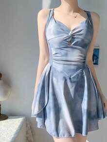 2025新款收腹连体泳衣，2件套，女士保守泳装套装，性感海滩度假 - 藍色 - 查看 3