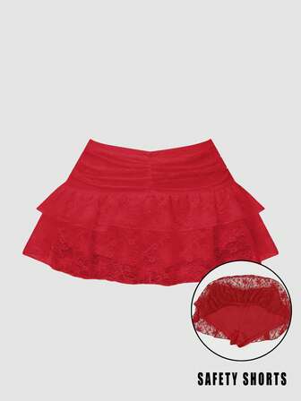 女士蕾丝荷叶边分层褶皱可爱蛋糕裙，红色迷你裙，适合外出、聚会、休闲