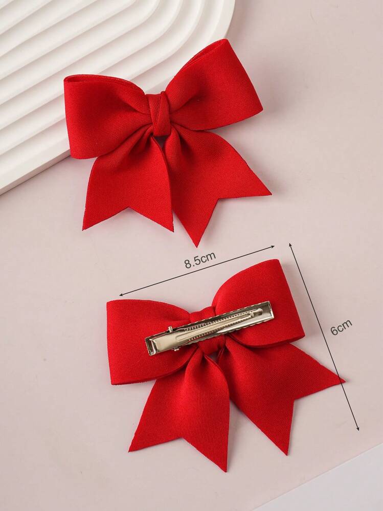 2pcs Girls' Red Bow Hair Clips, Fashionable & Cute For Everyday Use - Red - View 4