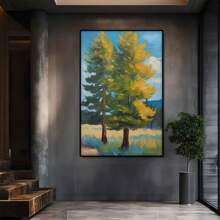 Two Green Pine Trees On A Sunny Day. Large Wooden Framed Wall Painting Artist Home Decoration Oil Painting - Bedroom, Bathroom, Living Room, Office, Kitchen, Christmas Gifts - 1 Piece
