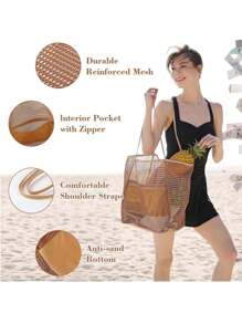 Travel Bag Beach Nylon Mesh Tote Bag, Casual Tote Bag Hobo Women Foldable MAX 23L Shoulder Bag For Beach Picnic Vacation, Beach Necessities,Beach Essentials,Beach Stuff & Summer Essentials - Khaki - View 3