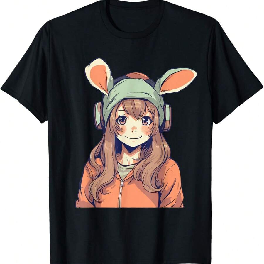 Ute Kawa Anime Girl With Bunny Ears T-Shirt - Black - View 1
